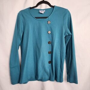 Blair Womens Long Sleeve Ribbed Top Round Neck Square Button Accents Size Medium